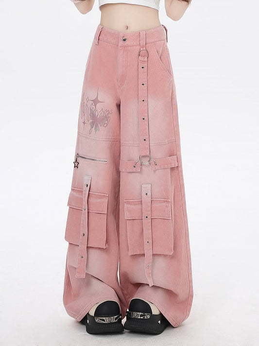 Pink Butterfly Print Strap Details Vintage Wide-Leg Cargo Jeans