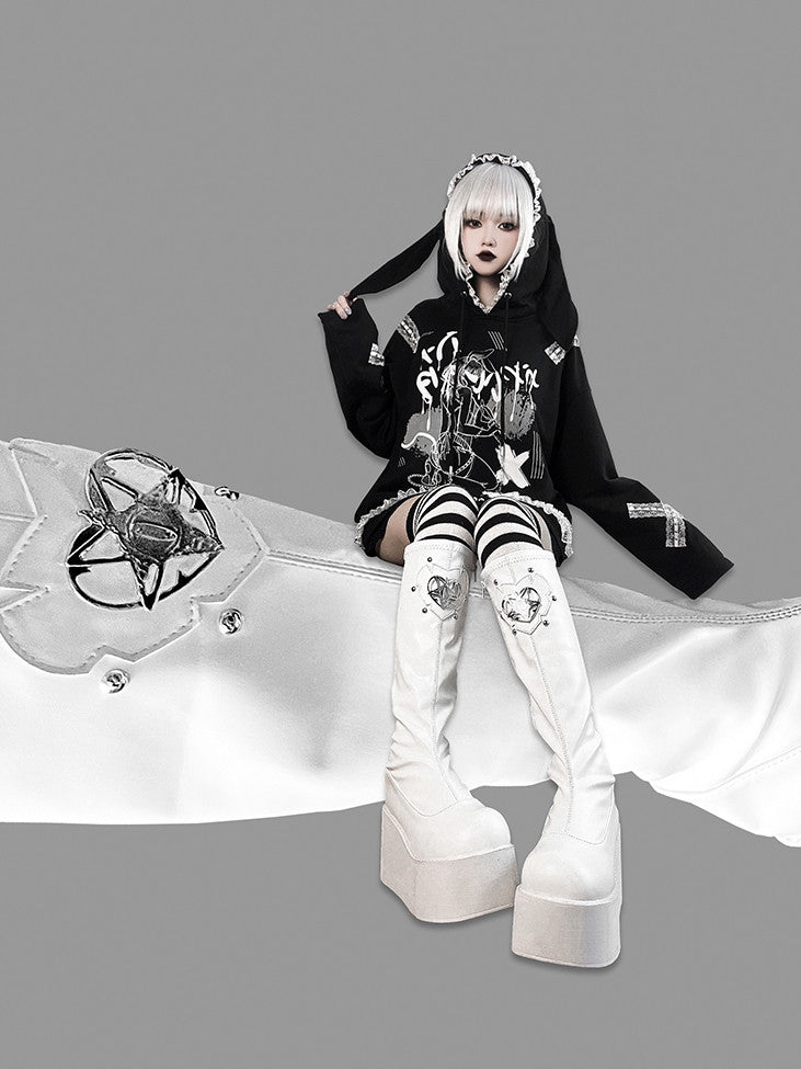 Heart Design Silver-tone Studs White Punk Boots