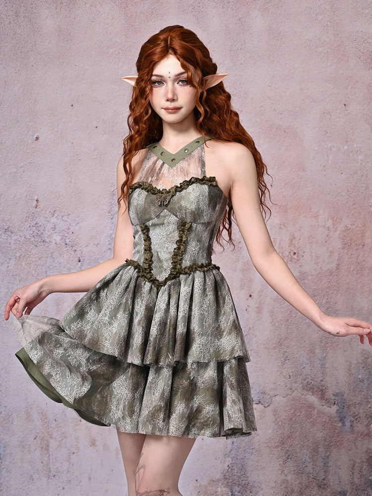 Halter Neck Light Green Basque Waist Forest Fairy Tie-dyed Dress