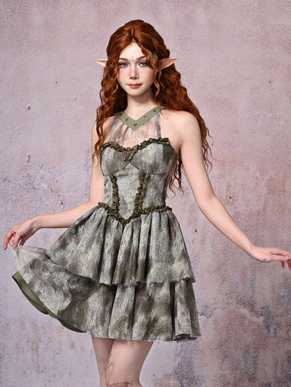 Halter Neck Light Green Basque Waist Forest Fairy Tie-dyed Dress