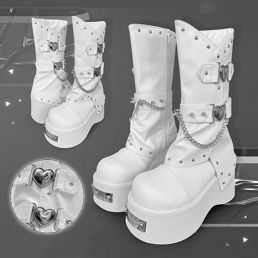 Punk Silver-tone Studs White Goth Platform Boots
