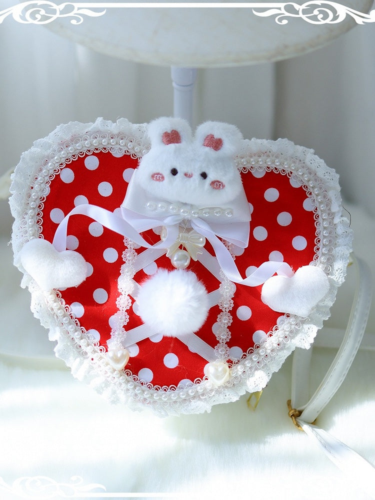 Red Polka-dot Pattern Beaded Decorated Plush Bunny Design Heart-shaped Crossbody Bag With Pompon