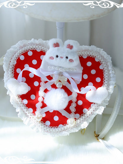 Red Polka-dot Pattern Beaded Decorated Plush Bunny Design Heart-shaped Crossbody Bag With Pompon