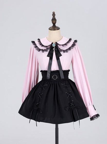 Lace-up Details Jirai Kei Black Ruffled High Waist Skirt