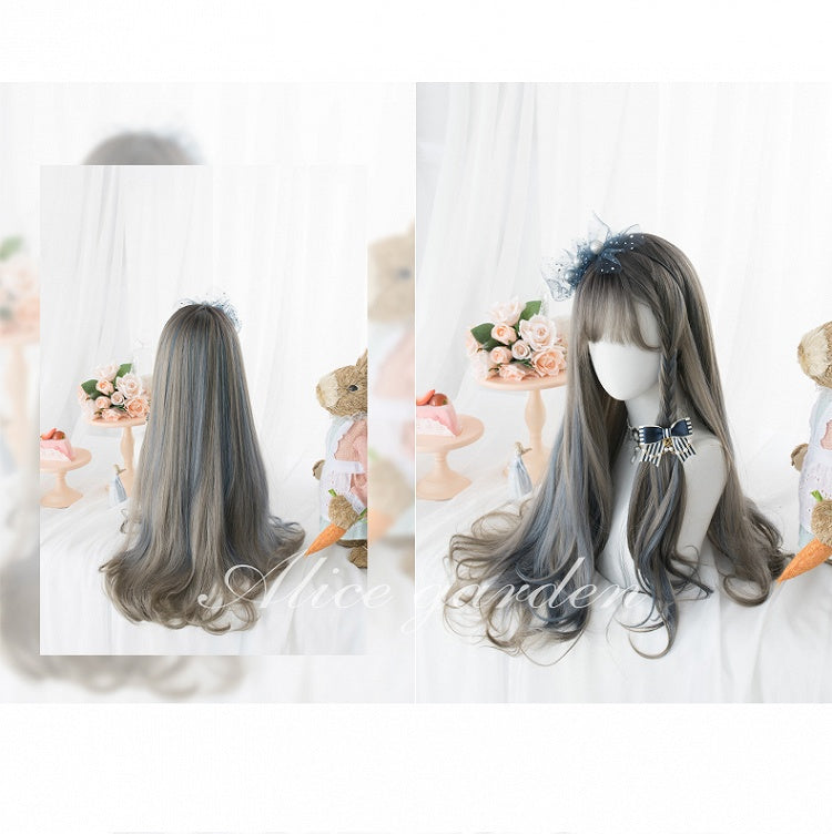 Aoki Gray Blue Long Curly Synthetic Wig