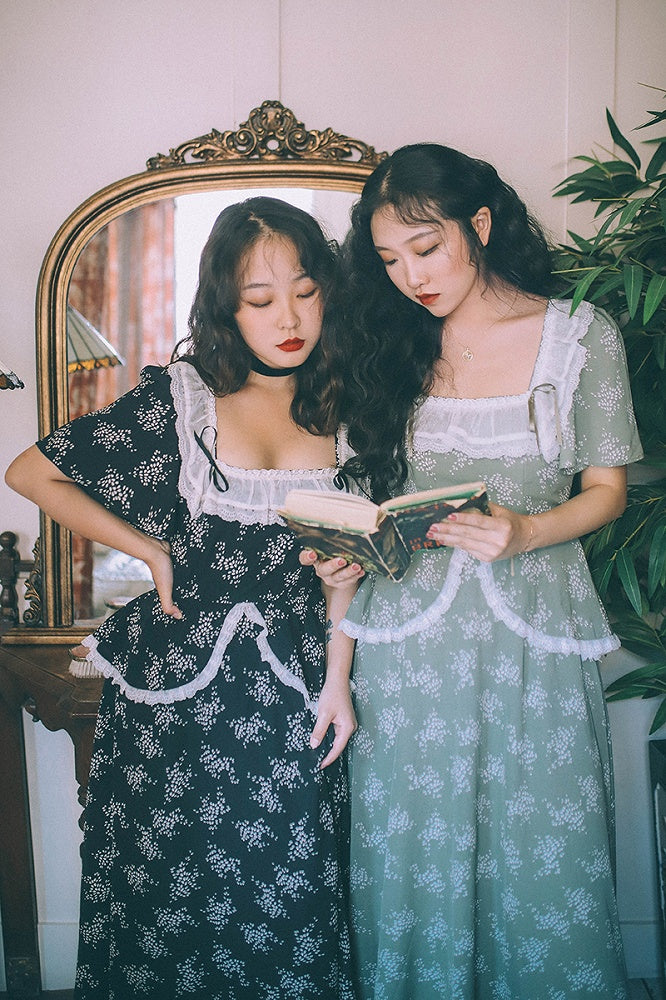 Blackberry and Laurel Vintage Lace Square Neckline SHort Sleeves Long Dress