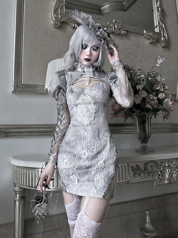 Clearance - Size M for Shoulders 32CM Rose Funeral Gothic Stand Collar Long Sleeves Cropped Jacket