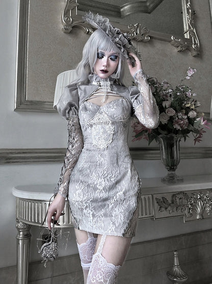 Clearance - Size M for Shoulders 32CM Rose Funeral Gothic Stand Collar Long Sleeves Cropped Jacket