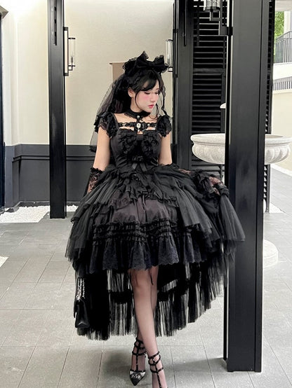White/Black Tiered Tulle Lolita Train