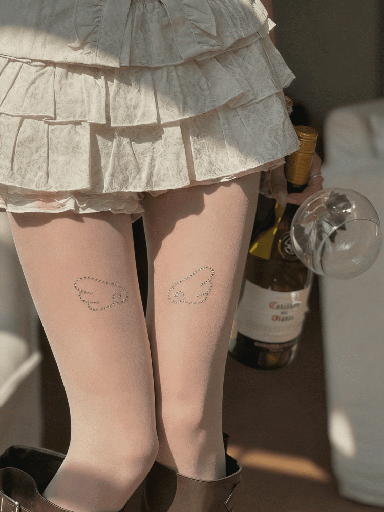 White/Black Shimmering Wings Pattern Semi-Sheer Tights