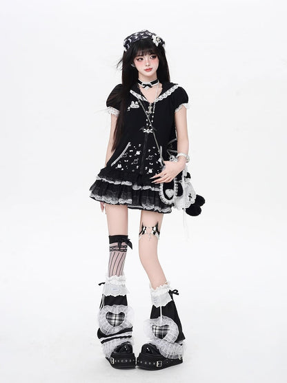 Bunny Ears Design Hood Lace Trim Black/White Jirai Kei Zip-up Jacket
