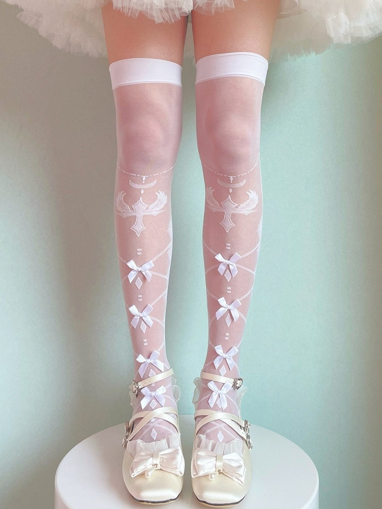 White/Black Bow Semi-sheer Cross and Wing Print Over Knee Stockings