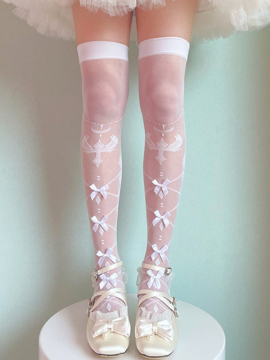 White/Black Bow Semi-sheer Cross and Wing Print Over Knee Stockings