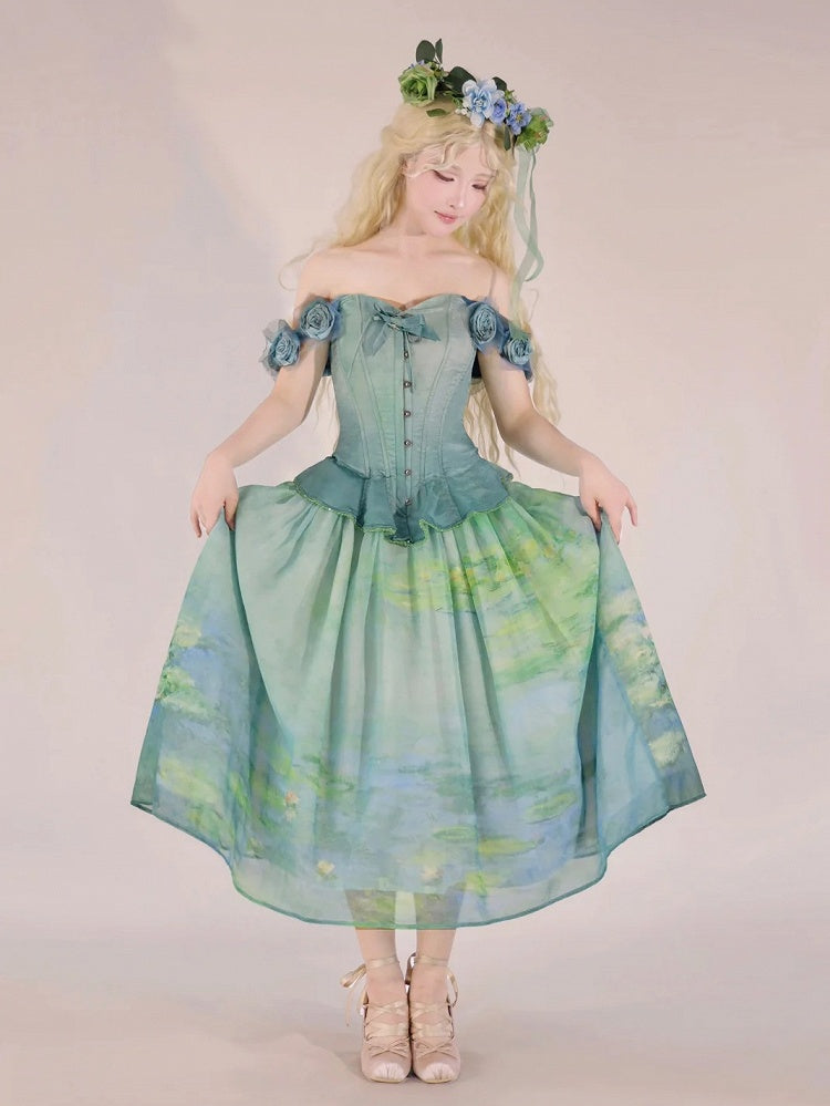 Green Flounce Hem Boned Corset Top with Detachable Floral Adornments