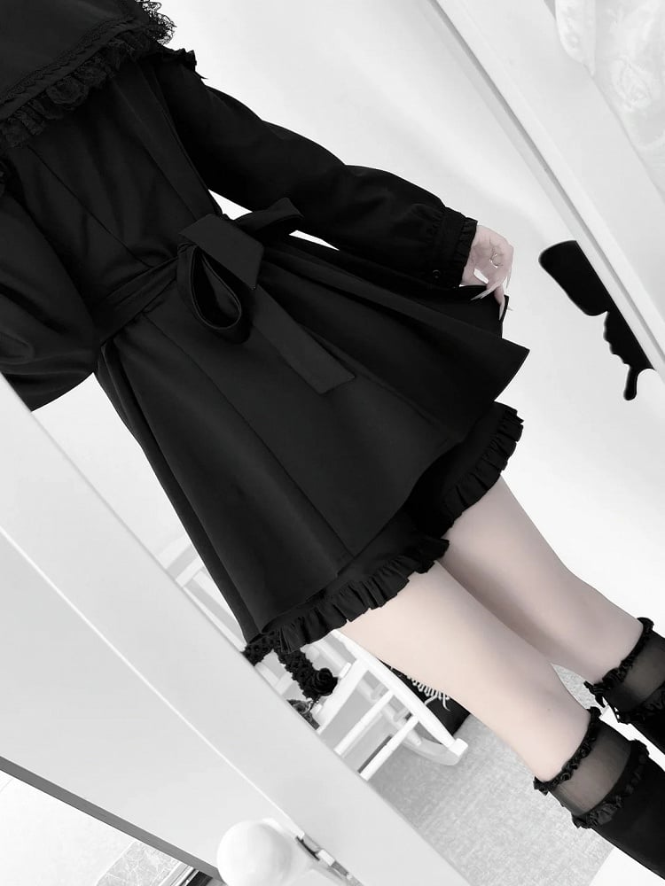 Black Jirai Kei Set - Sailer Collar Sweetheart Buttons Long Sleeves Top + Shorts + Bow Tie