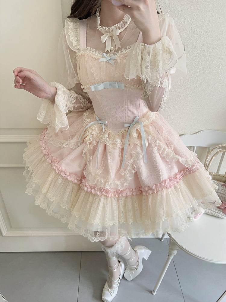 Pink Balletcore Small Bows Fabric Short Dress Lolita Jumper Skirt