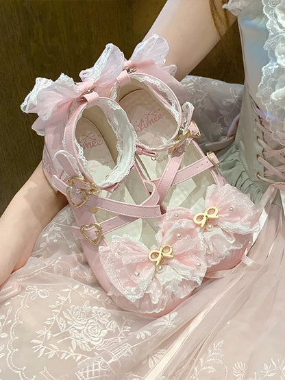 Light Pink Beaded Decorated Bow at Top Crisscross Design Lace Trim Sweet Lolita Shoes
