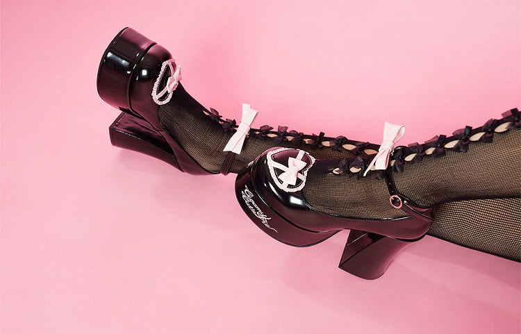 Bow Accents Heart Design Black and Pink Platform Block High Heels