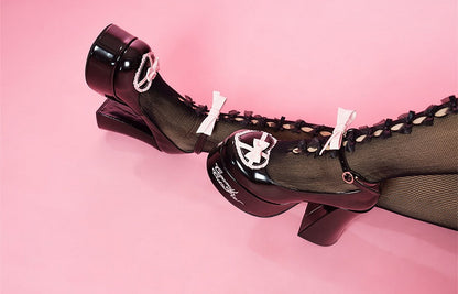 Bow Accents Heart Design Black and Pink Platform Block High Heels