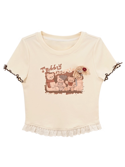 Vintage Teddy Bear Print Lettuce Cuffs Lace Hem Apricot T-shirt