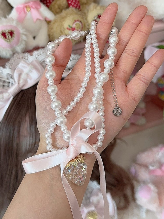 White Strawberry Pendant Beaded Necklace