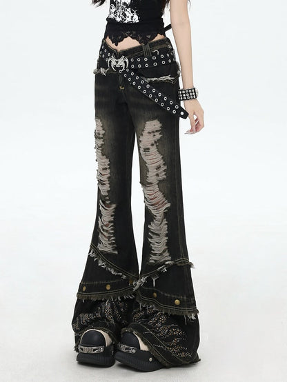Y2K Black Distressed Holes Raw Hem Rhinestone Details Cuffs Flared Jeans