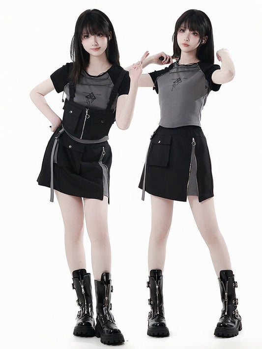 Black and Gray Snap and Zipper Detail Techwear Skirt