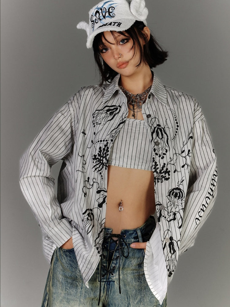 Oversized Silhouette Black & White Stripes Distressed Graffiti Shirt