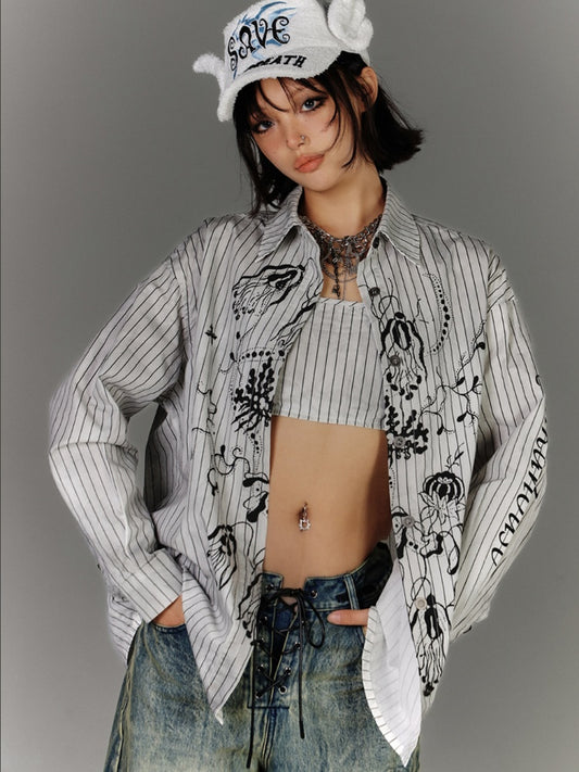 Oversized Silhouette Black & White Stripes Distressed Graffiti Shirt