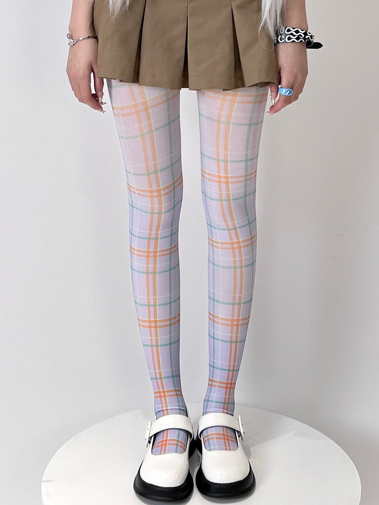 White&Green/Purple Y2K Plaid Tights