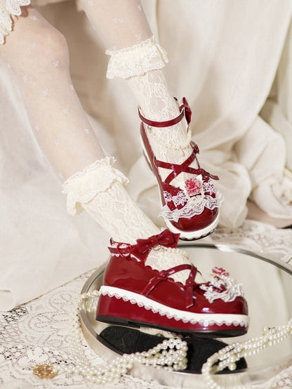 Red Floral Design Bow at Top Lace Trim Heart Buckle Platforms With Detachable Beaded Chain