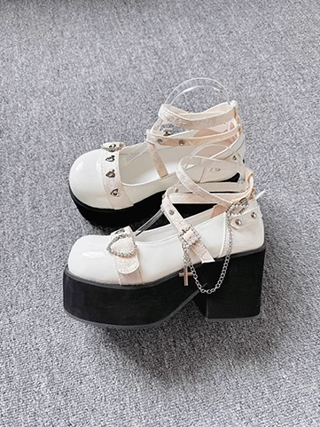 Rhinestoned Heart Design White Jirai Kei Buckle Ankle Strap Platforms with Cross Chain
