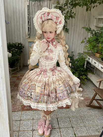 Cream-colored Flutter Sleeves Sweet Lolita JSK Dress with Fairytale Town Print and Bow Accents