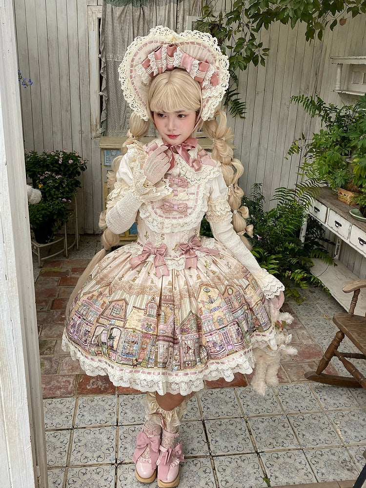Cream-colored Flutter Sleeves Sweet Lolita JSK Dress with Fairytale Town Print and Bow Accents
