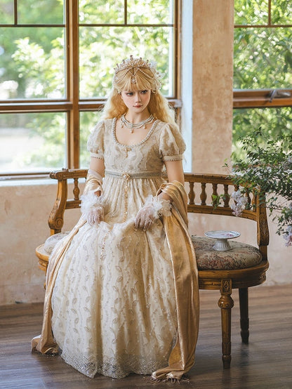 Allover Beaded Leaves Design Beige Empire Waist Elegant Lolita One Piece Long/Short Version