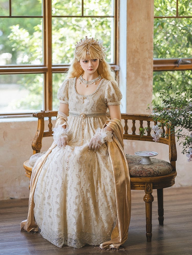 Allover Beaded Leaves Design Beige Empire Waist Elegant Lolita One Piece Long/Short Version