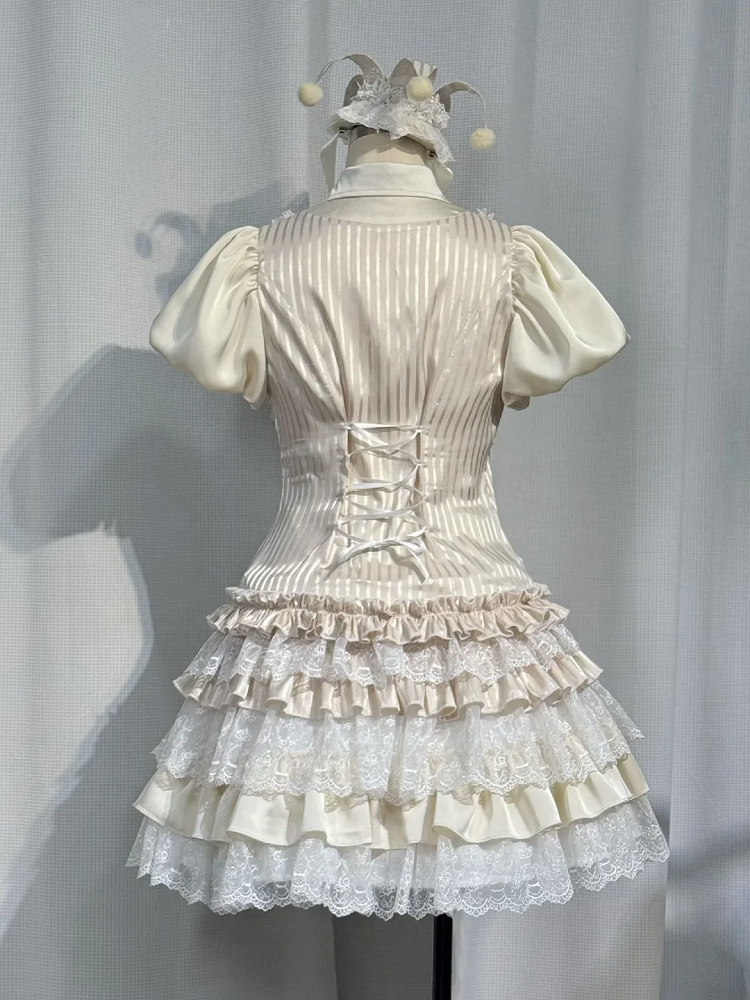 Circus Clown Vibes Ouji Lolita Outfit - Apricot Pointed Collar Shirt + Bloomer Shorts + Garters