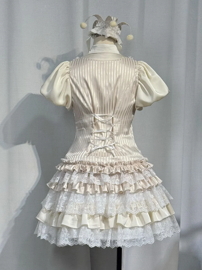 Circus Clown Vibes Ouji Lolita Outfit - Apricot Pointed Collar Shirt + Bloomer Shorts + Garters