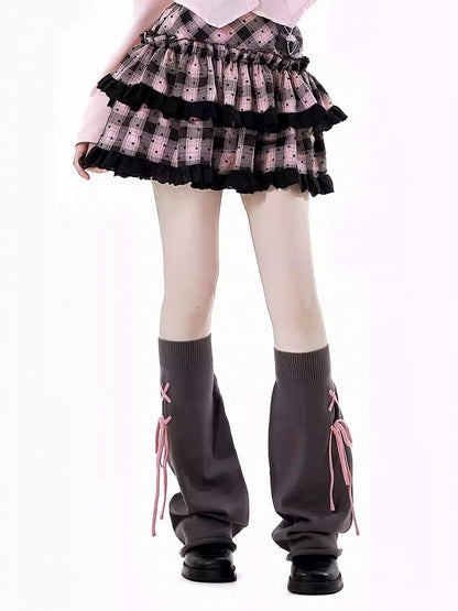 Contrast Pink Lace-up Detail Dark Gray 46CM Leg Warmers