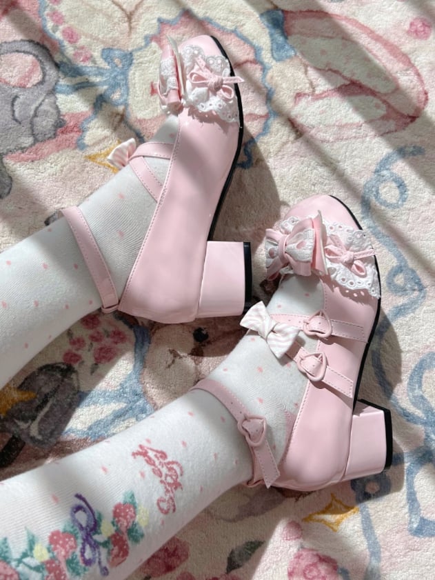 Sweet Sakura Pink Lolita Mid Heels - PU Leather with Crisscross Straps & Heart-Shaped Snap Closure