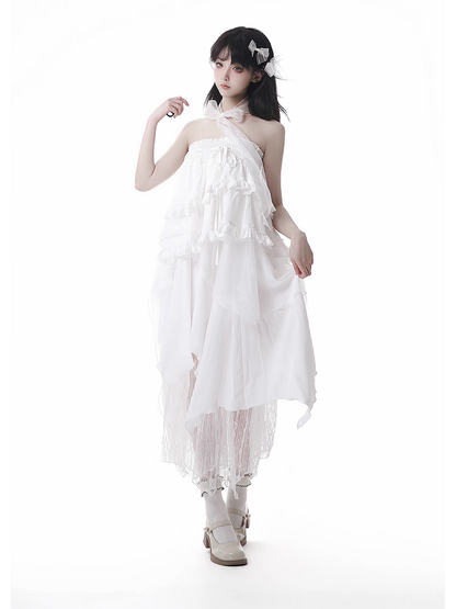 White Elastic Waist Handkerchief Hem Lace Under Skirt