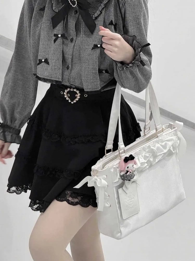 White Satin Ruffle Trims Self-tie Straps Ita Bag With Bow Card Holder