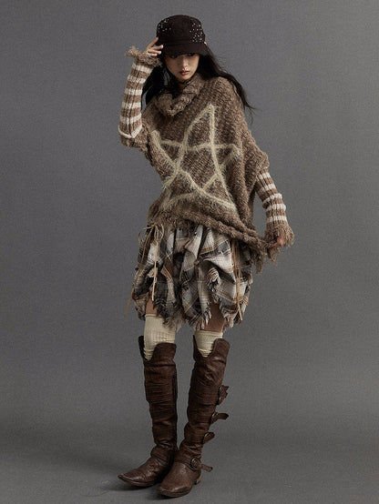 Brown Vintage Punk Batwing Sleeves Loose Five-pointed Star Sweater