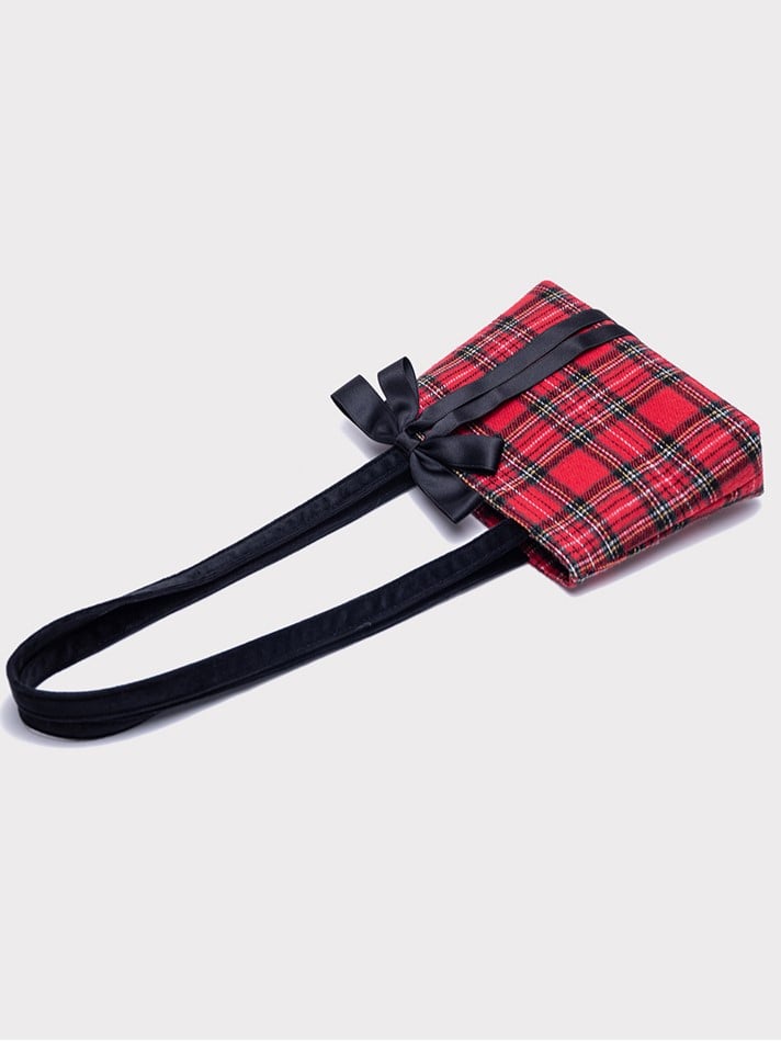 Chic Red Plaid One-Shoulder Mini Tote With Detachable Black Bow
