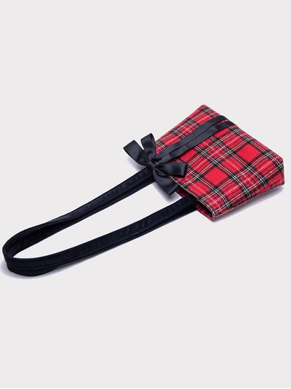 Chic Red Plaid One-Shoulder Mini Tote With Detachable Black Bow