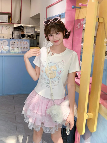 Adorable Cat Print White Round Neck T-shirt Long/Short Version