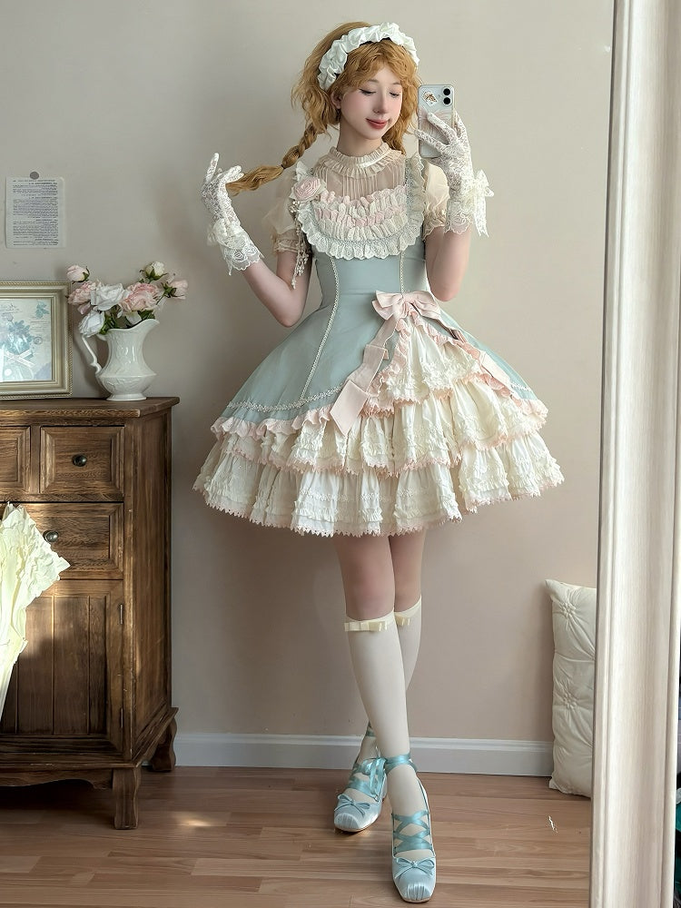 Clearance-Size L for Bust 86-94CM Pink and Green Slim Fit Waist Elegant Tiered Skirt Lolita Jumper Skirt