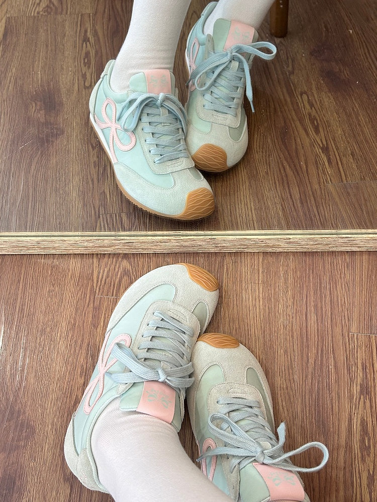 Green Bowknot Design Front Lace-up Ties Sneakers