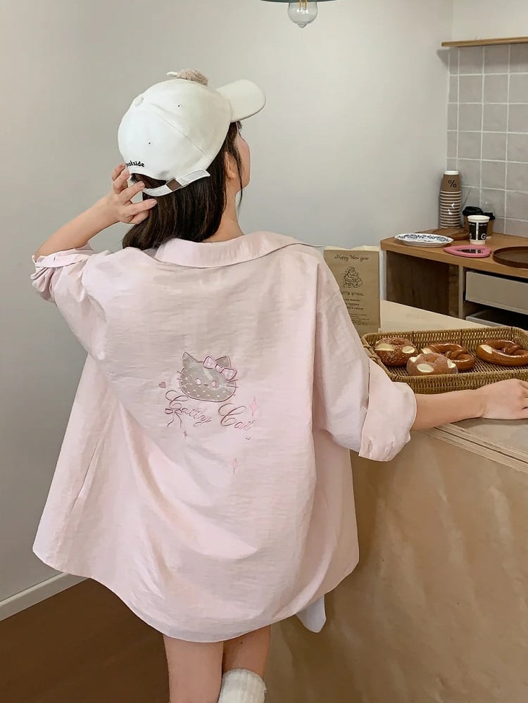 Kitty Embroidery on Pocket Kitty-shaped Cutout Detail Back Blue/Pink Loose Shirt