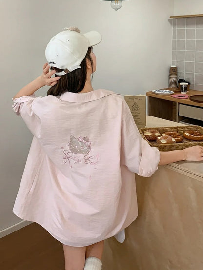 Kitty Embroidery on Pocket Kitty-shaped Cutout Detail Back Blue/Pink Loose Shirt